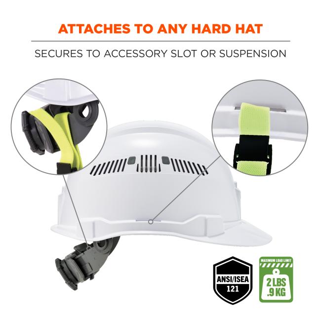 Attaches to any hard hat: secures to accessory slot or suspension. ANSI/ISEA 121 compliant. Maximum load limit: 2lbs / 0.9kg. 