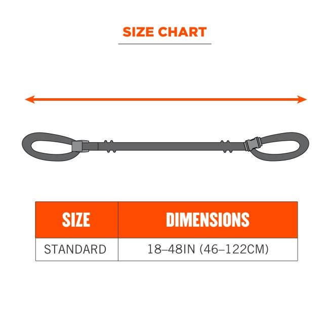 Size chart. Standard size is 18-48in (46-122cm).