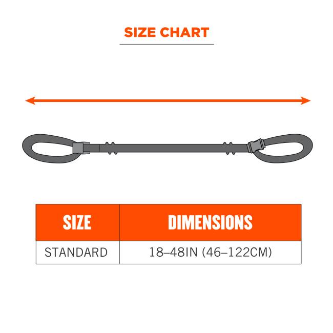 Size chart. Standard size is 18-48in (46-122cm).