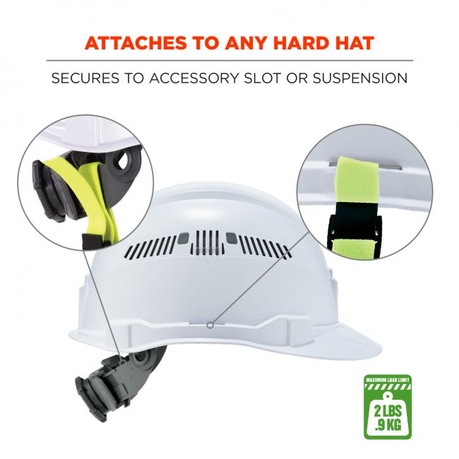 Attaches to any hard hat: secures to accessory slot or suspension. ANSI/ISEA 121. Maximum load limit: 2lbs / 0.9kg. 
