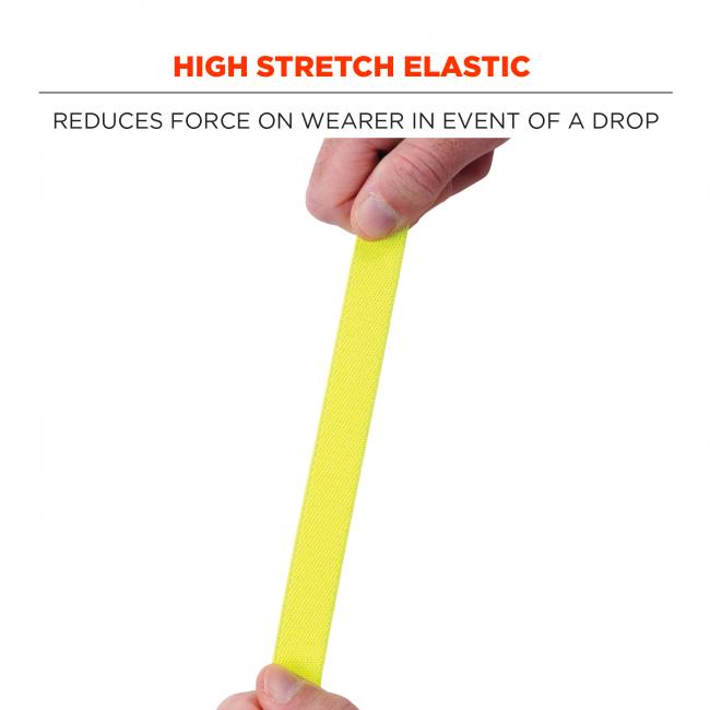 High stretch elastic: reduces force on wearer in event of a drop. Image shows hands stretching out lanyard. 