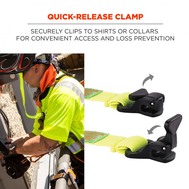 Quick-release clamp: securely tips to shirts or collars for convenient access and loss prevention. Image shows worker with hard hat secured to shirt. Image on right shows clamp detail. 