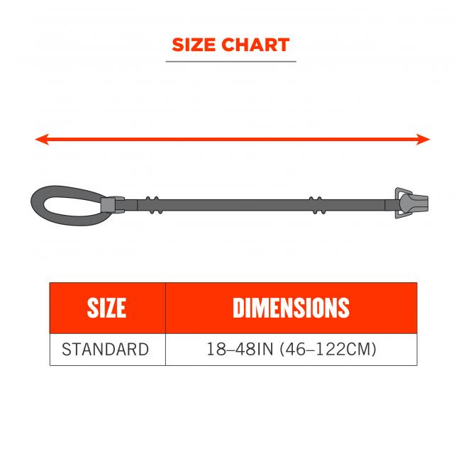 Size chart. Standard size is 18-48in (46-122cm).