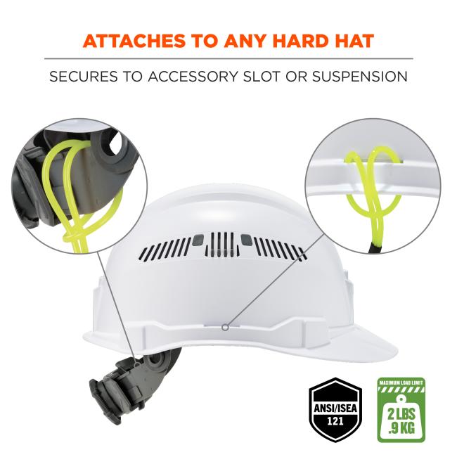 Attaches to any hard hat: secures to accessory slot or suspension. ANSI/ISEA 121. Maximum load limit: 2lbs / 0.9kg. 