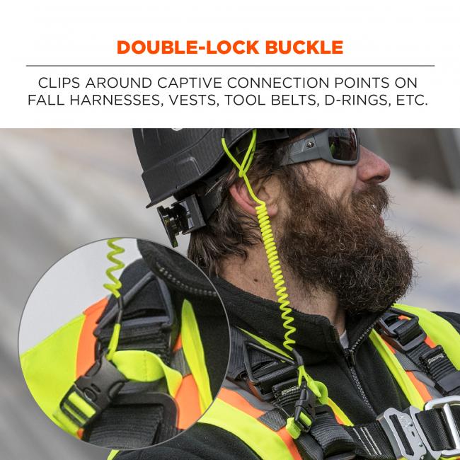 Double-lock buckle: clips around captive connection points on fall harnesses, vests, tool belts, d-rings, etc. 