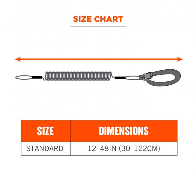 Size chart. Standard size is 12-48in (30-122cm).