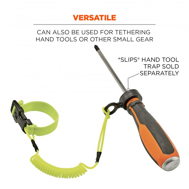 Versatile: can also be used for tethering hand tools or other small gear. Image shows lanyard attached to wrench. Text says “*Tool Tail and tape sold separately.”