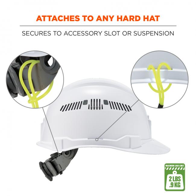 Attaches to any hard hat: secures to accessory slot or suspension. Maximum load limit: 2lbs / 0.9kg. 