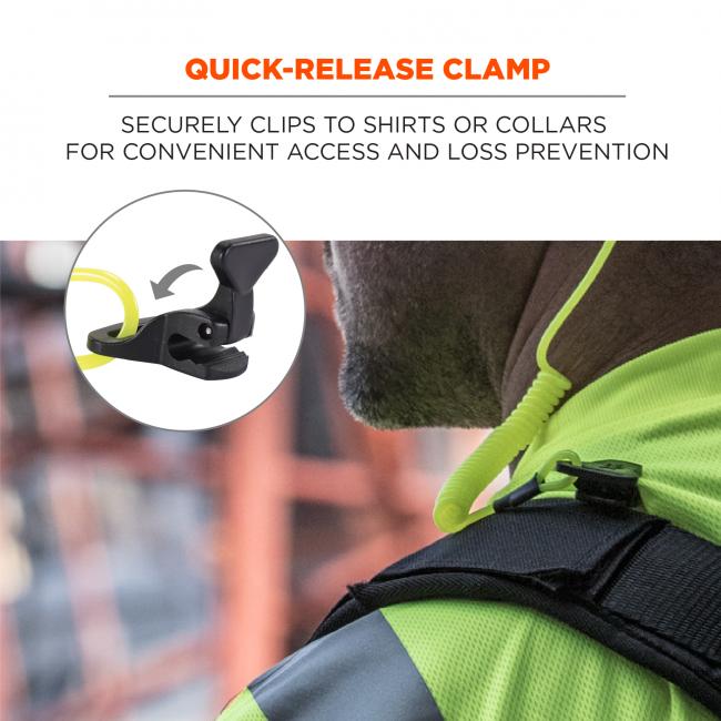 Quick-release clamp: securely clips to shirts or collars for convenient access and loss prevention
