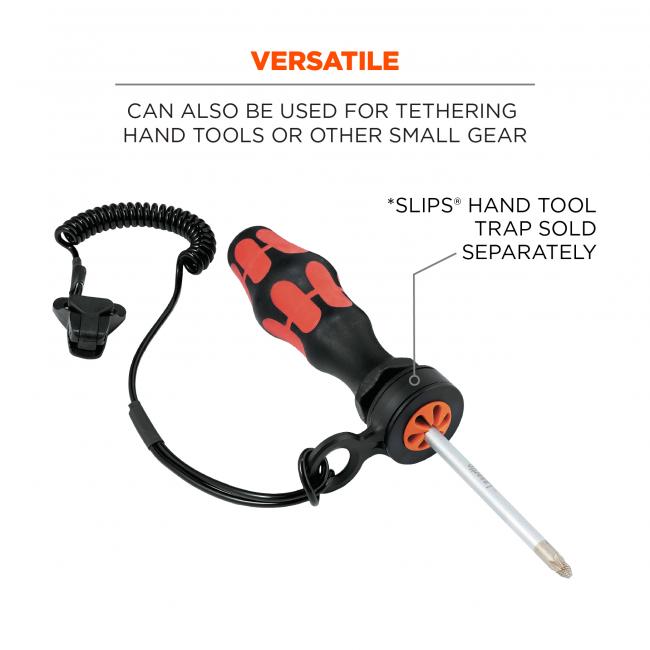 Versatile: can also be used for tethering hand tools or other small gear. Image shows lanyard attached to screwdriver. Text says “*Tool Tail and tape sold separately.”