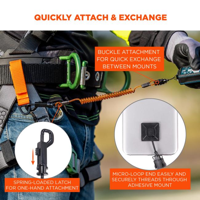 Quickly attach and exchange: buckle attachment for quick exchange between mounts. Spring-loaded latch for one-hand attachment. Micro-loop end easily and securely threads through adhesive mount.