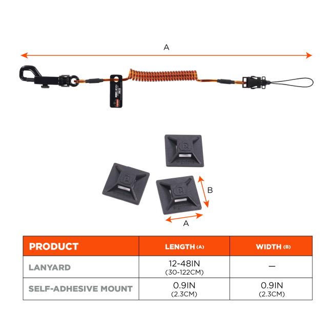Size chart for lanyard: 12-48in(30-122cm) in length. Size chart for adhesive mount: 0.9in(2.3cm) in length and 0.9in(2.3cm) in width.