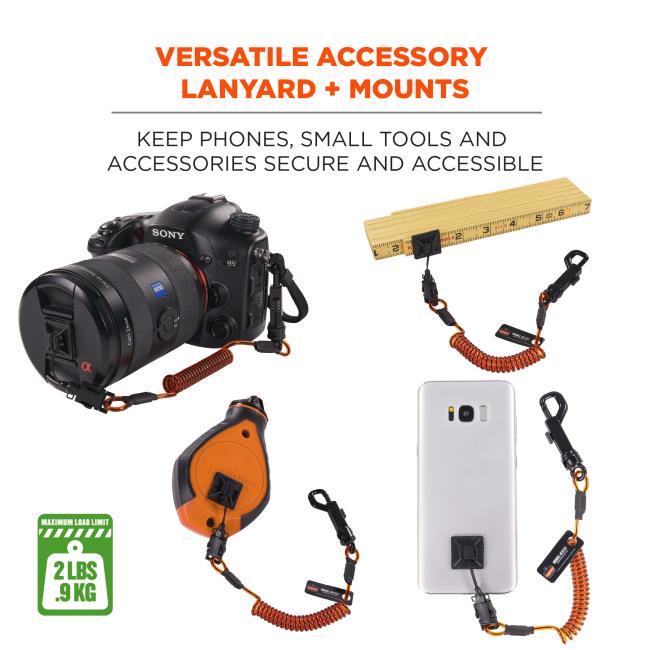 Versatile accessory lanyard and mounts: keep phones, small tools and accessories secure and accessible. Maximum weight rating: 2lbs/0.9g. Image shows lanyard attached to a camera, small light, phone, and folding ruler.