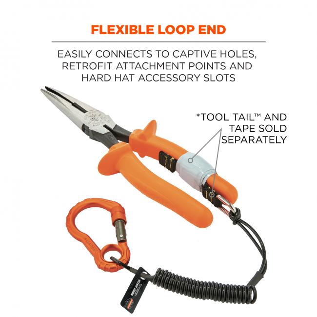 Flexible loop end: easily connects to captive holes, retrofit attachment points and hard hat accessory slots. Image shows lanyard attached to pliers with tape and tails. Text says “Tool Tail and Tape sold separately.”