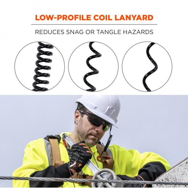 Low-profile coil lanyard: reduces snag or tangle hazards.