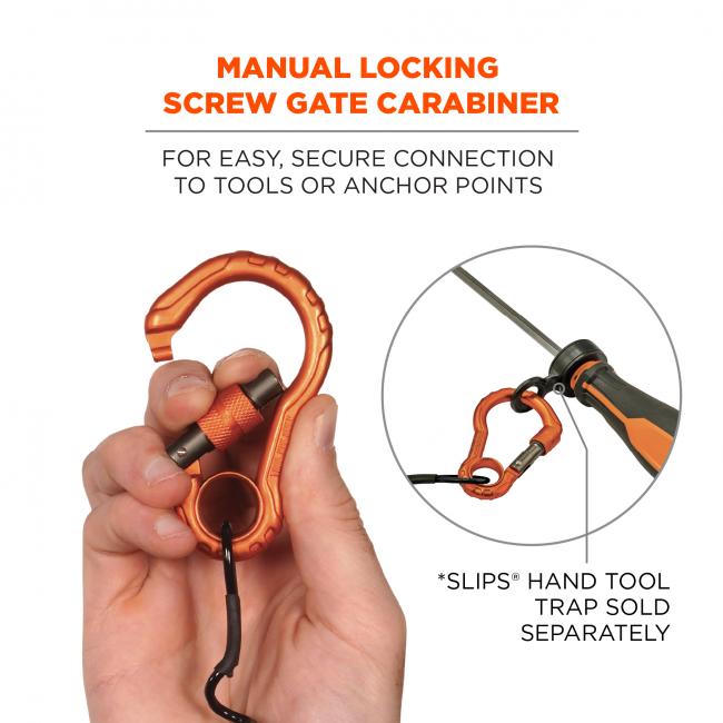 Manual locking screw gate carabiner: for easy, secure connection to tools or anchor points. Image shows hand opening carabiner and image on right shows lanyard attached to Tool Trap and screwdriver and text reads, “Slips Hand Tool Trap sold separately.” 