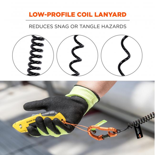 Low-profile coil lanyard: reduces snag or tangle hazards.