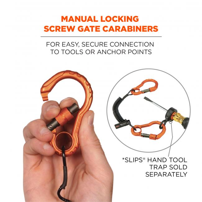Manual locking screw gate carabiners: for easy, secure connection to tools or anchor points. Image shows hand opening carabiner and detail image shows lanyard attached to screwdriver and says, “Slips Hand Tool Trap sold separately.” 