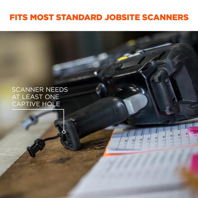 Fits most standard job site scanners. Image shows scanner and text points to it and says “scanner needs at least one captive hole”