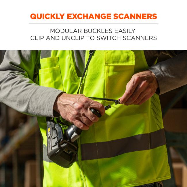 Quickly exchange scanners: modular buckles easily clip and unclip to switch scanners. Image shows man switching scanner