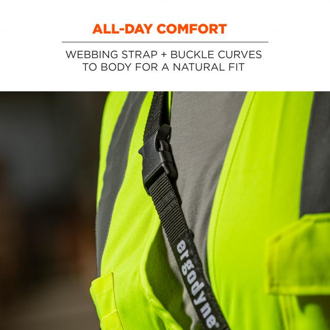 All-day comfort: webbing strap + buckle curves to body for a natural fit. Image shows person wearing sling lanyard.