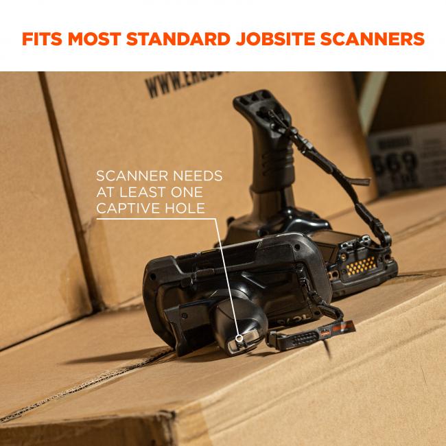 Fits most standard jobsite scanners. Image shows scanner sitting on box and text points to scanner and says “scanner needs at least one captive hole” 