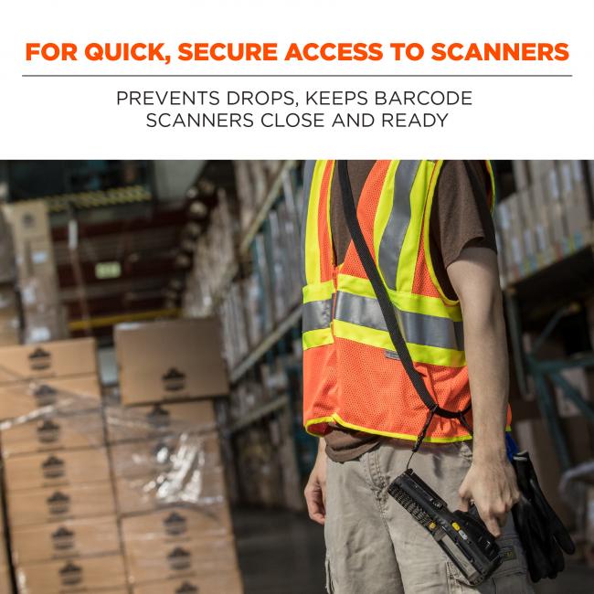 For quick, secure access to scanners: prevents drops, keeps barcode scanners close and ready. Image shows warehouse worker using harness with scanner.