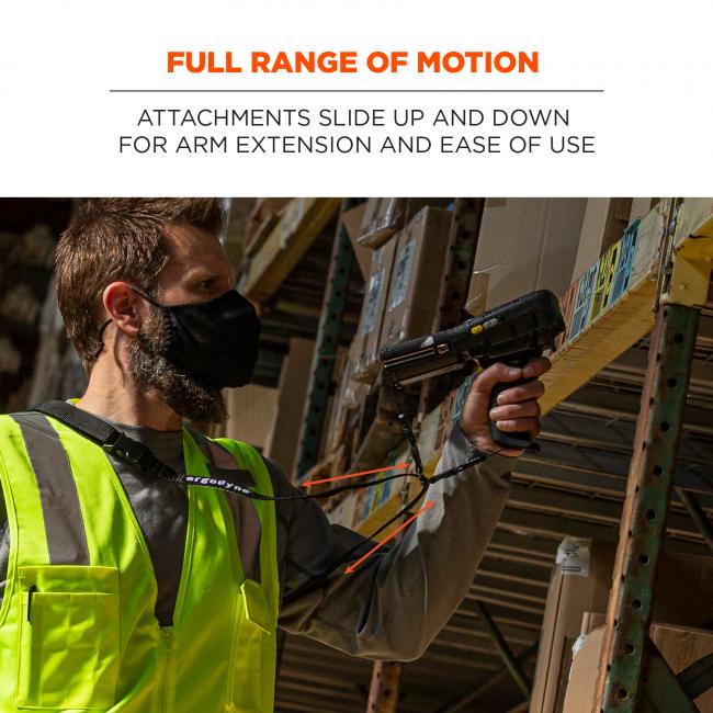 Full range of motion: attachments slide up and down for arm extension and ease of use. Image shows warehouse worker using scanner and harness with ease