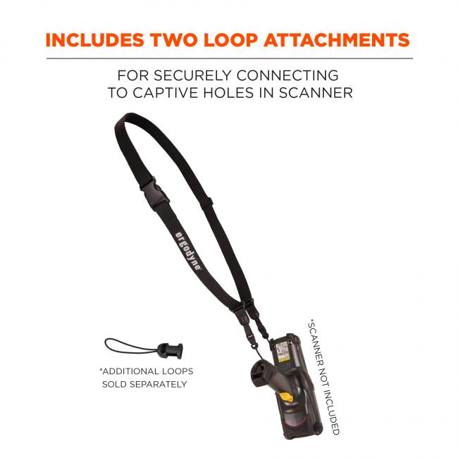 Includes two loop attachments: for securely connecting to captive holes in scanner. Image shows scanner attached to lanyard and text says “*scanner not included” and “*additional loops sold separately”