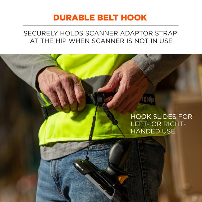 Durable belt hook: securely holds scanner adaptor strap at the hip when scanner is not in use. Image shows worker wearing belt with scanner and text says “hook slides for left- or right-handed use”