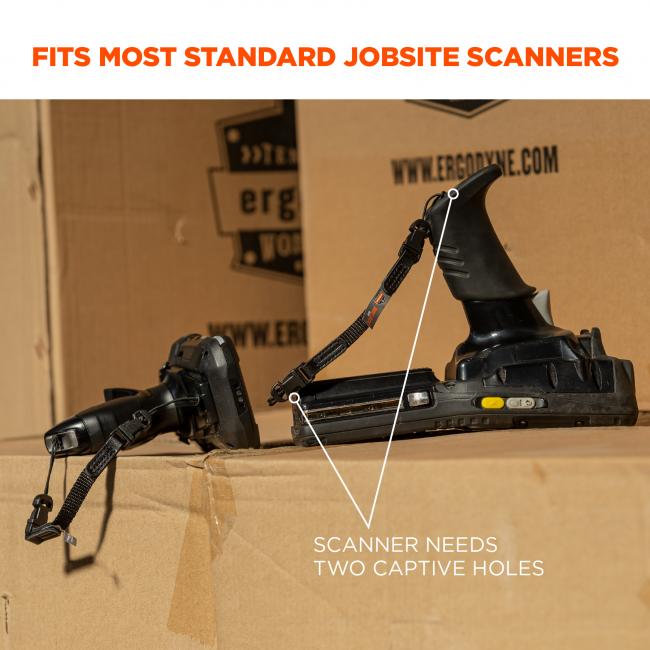 Fits most standard jobsite scanners. Image shows scanner sitting on box and text points to scanner and says “scanner needs two captive holes” 