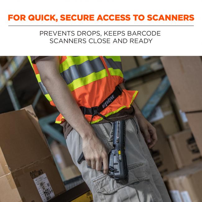 For quick, secure access to scanners: prevents drops, keeps barcode scanners close and ready. Image shows warehouse worker using harness with belt