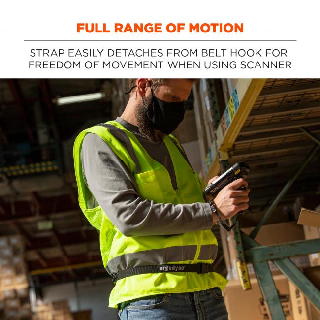 Full range of motion: strap easily detaches from belt hook for freedom of movement when using scanner. Image shows worker using scanner in hand