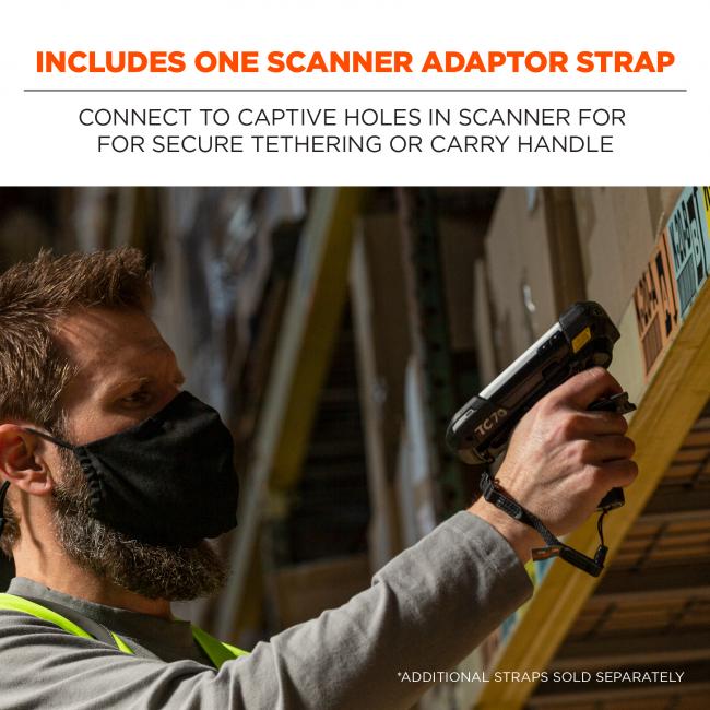 Includes one scanner adaptor strap: connect to captive holes in scanner for secure tethering or carry handle. Image shows warehouse worker using scanner with adaptor strap attached