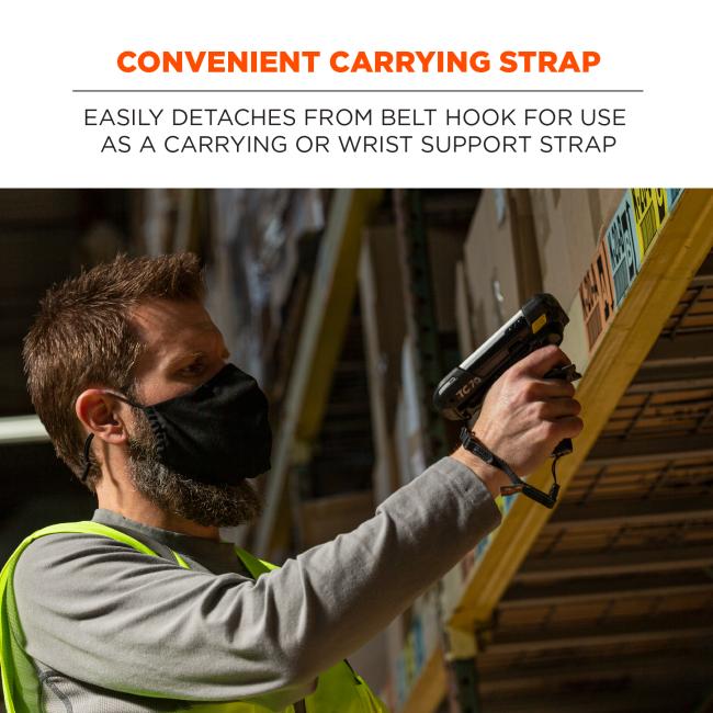 Convenient carrying strap: easily detaches from belt hook for use as a carrying or wrist support strap. Image shows worker using scanner with loop attached