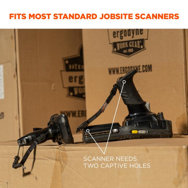 Fits most standard jobsite scanners. Image shows scanners sitting on a box. Text reads, “Scanner needs two captive holes.” 