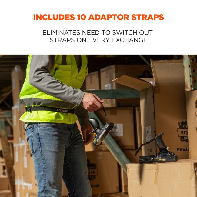 Includes 10 adaptor straps: eliminates need to switch out straps on every exchange. Image shows worker quickly switching out scanner