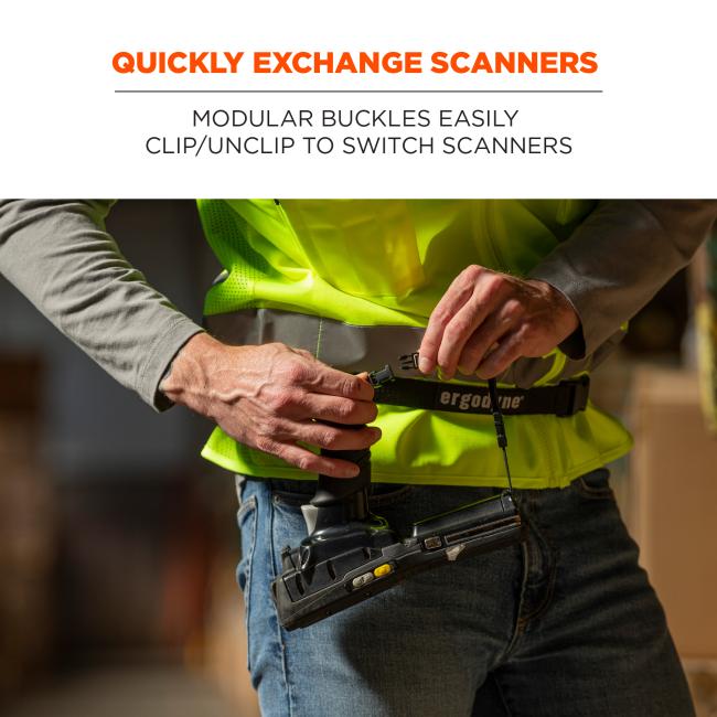 Quickly exchange scanners: modular buckles easily clip/unclip to switch scanners. Image shows person re-clipping buckles