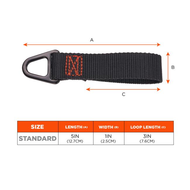 Size chart: Standard size anchor attachment is 5in(12.7cm) in length, 1in(2.5cm) in width, and 3in(7.6cm) in loop length.