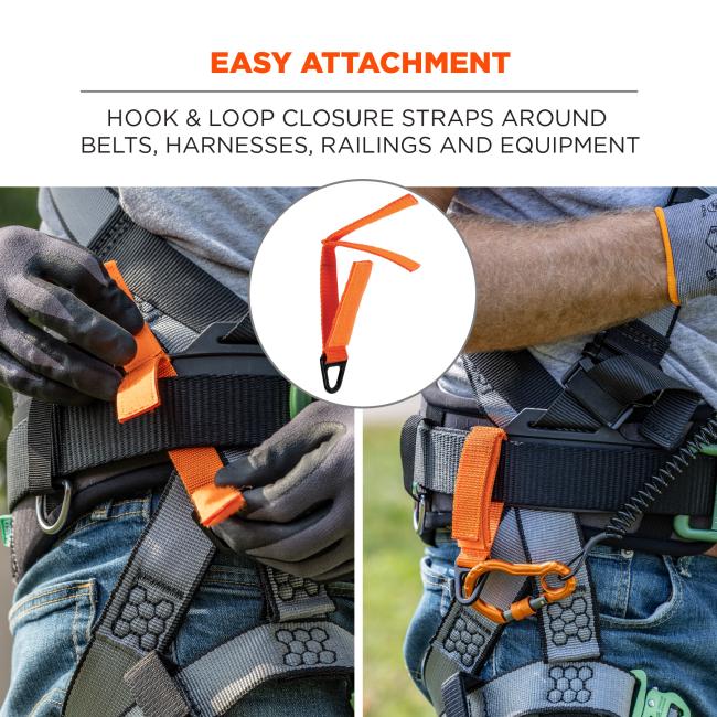 Easy attachment: hook and loop closure straps around belts, harnesses, railings and equipment.