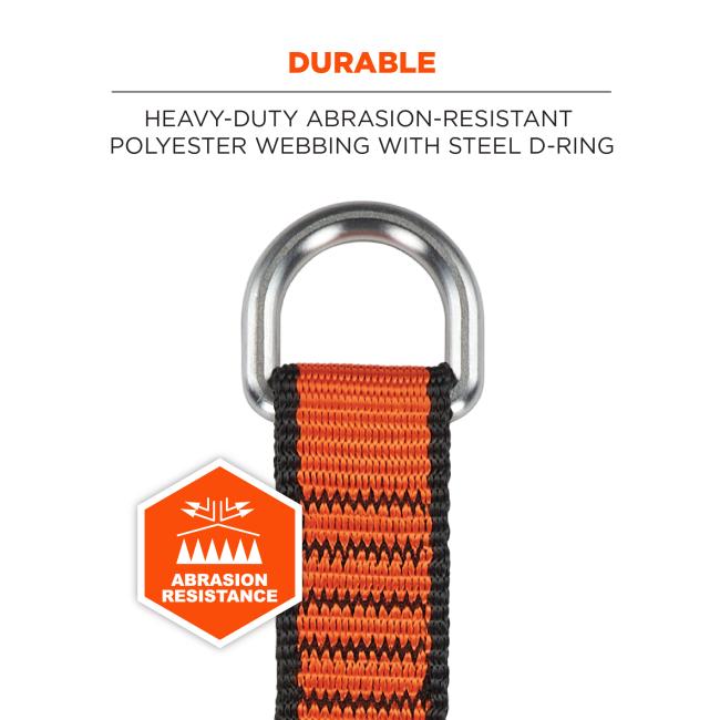 Durable: heavy-duty abrasion-resistant polyester webbing with steel d-ring.
