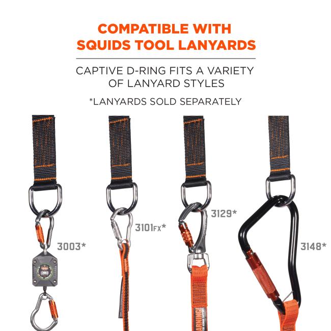 Compatible with Squids tool lanyards: captive d-rings fit a variety of lanyard styles. *Lanyards and tools sold separately. Image shows strap attached to Squids 3003, 3101F(x), 3129 and 3148 lanyards.