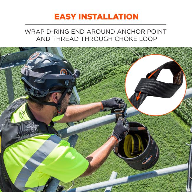 Easy installation: wrap d-ring end around anchor point and thread through choke loop.