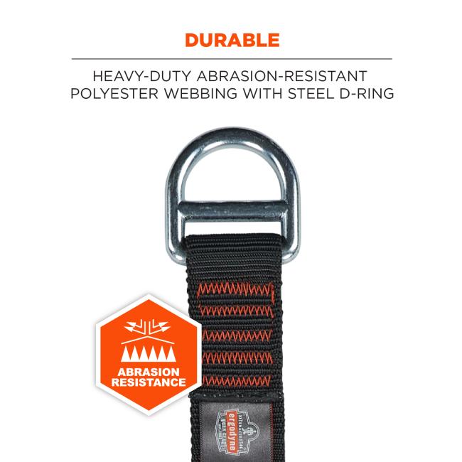 Durable: heavy-duty abrasion-resistant polyester webbing with steel d-ring.