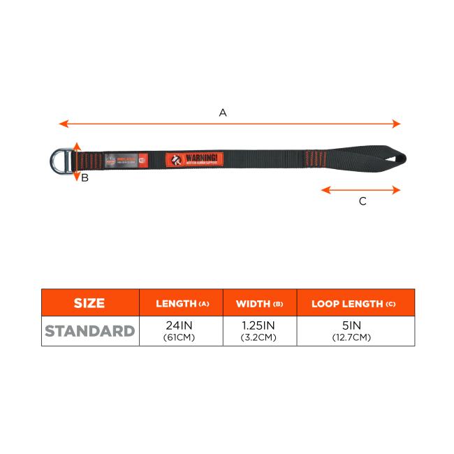 Size chart: Standard size anchor attachment is 24in(61cm) in length, 1.25in(3.2cm) in width and loop length is 5in(12.7cm). 