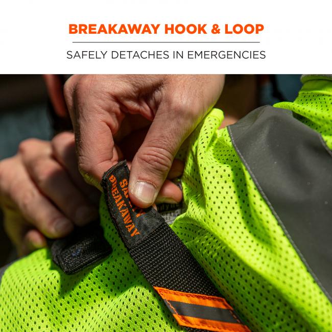 Breakaway hook & loop: safety detaches in emergencies. Image shows detail of breakaway feature