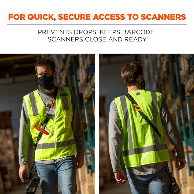 For quick, secure access to scanners: prevents drops, keeps barcode scanners close and ready. Image shows warehouse worker using scanner sling and scanner