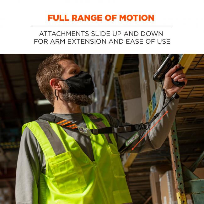 Full range of motion: attachments slide up and down for arm extension and ease of use. Image shows worker using scanner and sling. 
