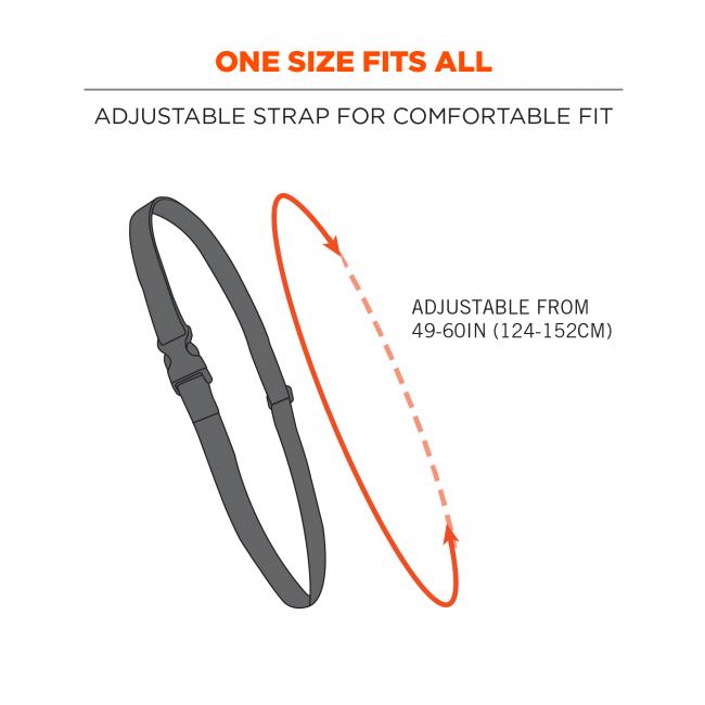 One size fits all: adjustable strap for comfortable fit. Image shows how to measure circumference and says “adjustable from 49-60in (124-152cm)