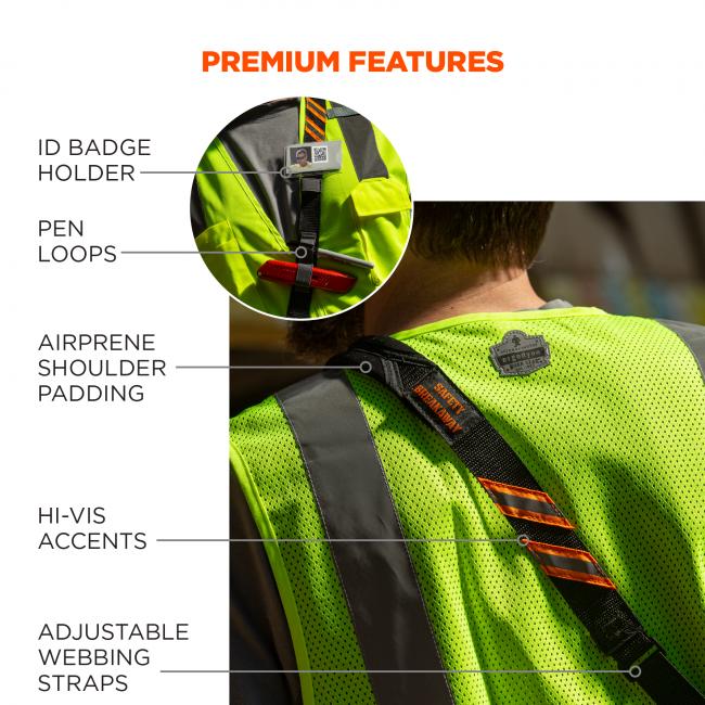Premium features. Image shows person wearing sling and highlights these features: ID badge holder, pen loops, airprene should padding, hi-vis accents, and adjustable webbing straps